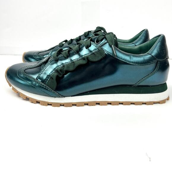Tory Burch Sport Womens Sneaker Trainer Ruffle Metallic Green Leather Size 6.5 - Picture 3 of 12